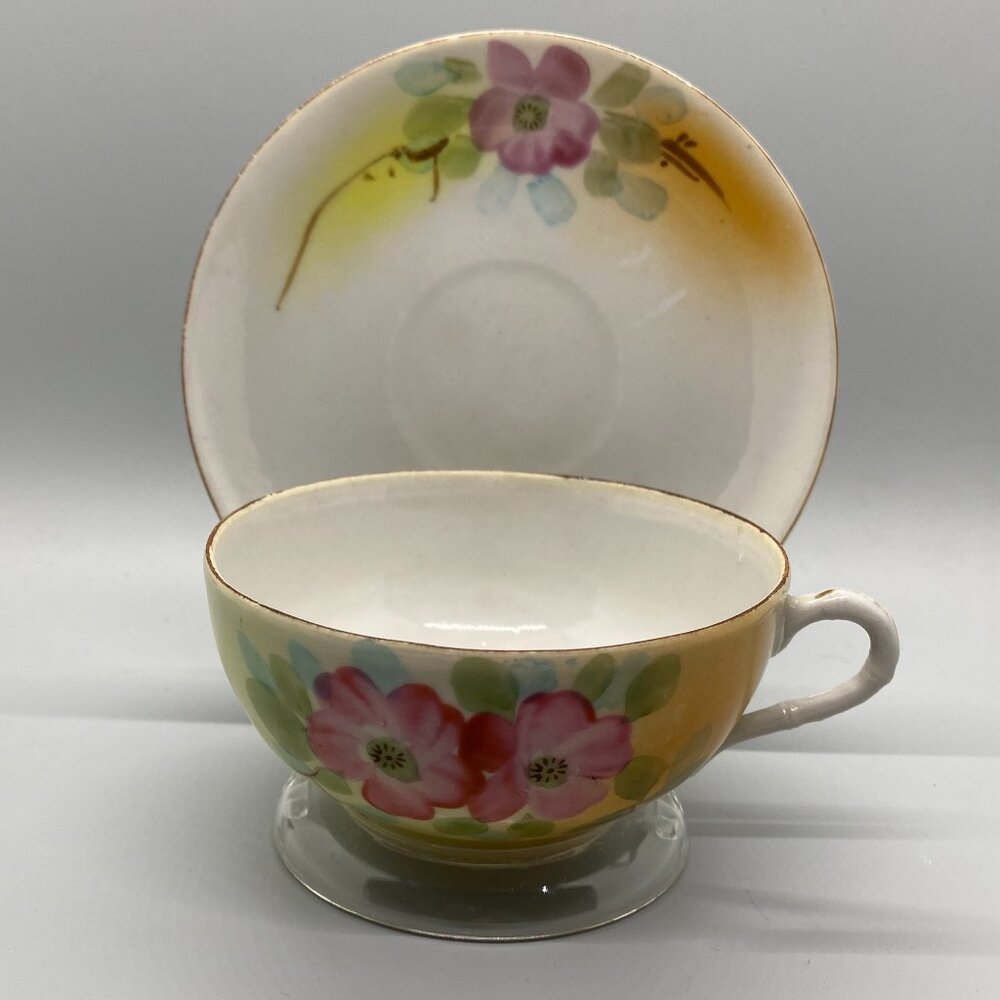Hand Painted Pink Flower Cup Saucer Set Display Stand Unbranded Made in Japan